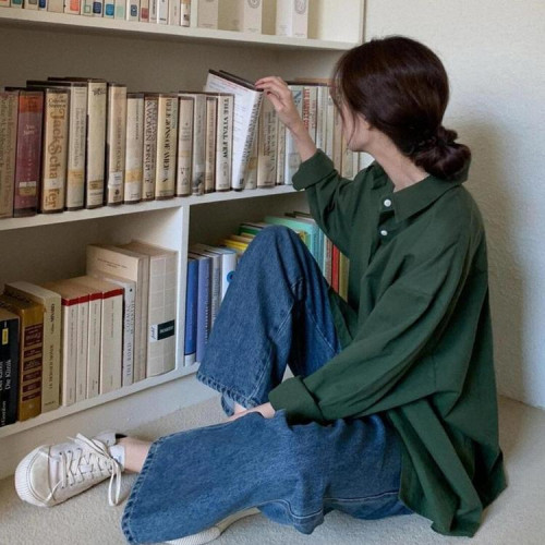 韓版寬鬆慵懶顯白墨綠色長袖襯衫女純棉秋季新款復古港風上衣外套