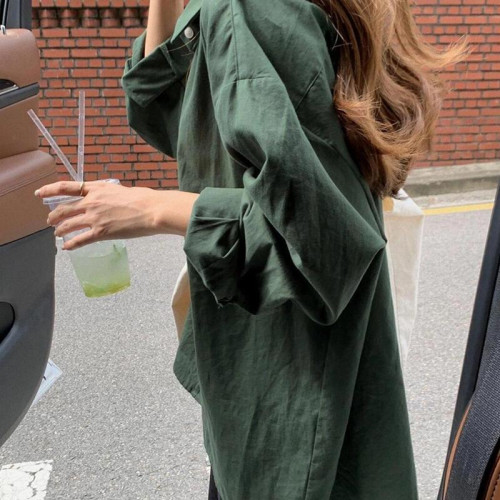 韓版寬鬆慵懶顯白墨綠色長袖襯衫女純棉秋季新款復古港風上衣外套