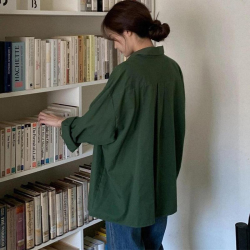 韓版寬鬆慵懶顯白墨綠色長袖襯衫女純棉秋季新款復古港風上衣外套