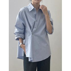 不規則藍色襯衫女春秋季設計感小衆上衣別致寬鬆氣質長袖斜釦襯衣