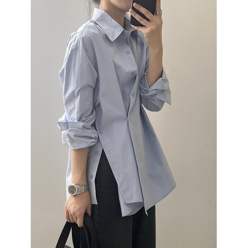 不規則藍色襯衫女春秋季設計感小衆上衣別致寬鬆氣質長袖斜釦襯衣 不規則藍色襯衫女春秋季設計感小衆上衣別致寬鬆氣質長袖斜釦襯衣