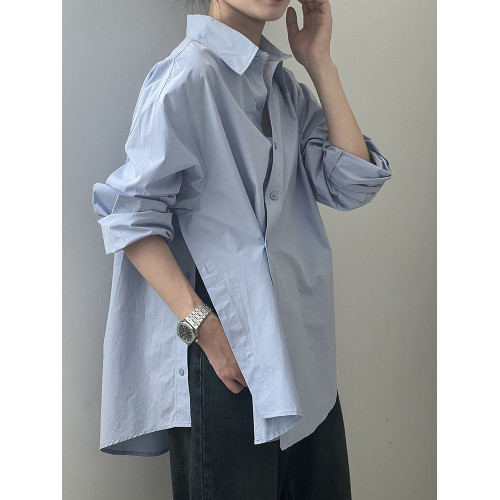 不規則藍色襯衫女春秋季設計感小衆上衣別致寬鬆氣質長袖斜釦襯衣 不規則藍色襯衫女春秋季設計感小衆上衣別致寬鬆氣質長袖斜釦襯衣