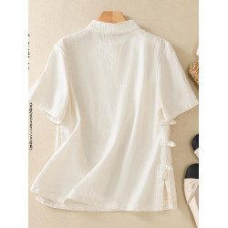 商場專櫃撤櫃女裝棉麻斜襟盤釦短袖改良旗袍上衣亞麻國風立領襯衫