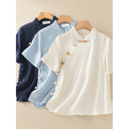 商場專櫃撤櫃女裝棉麻斜襟盤釦短袖改良旗袍上衣亞麻國風立領襯衫