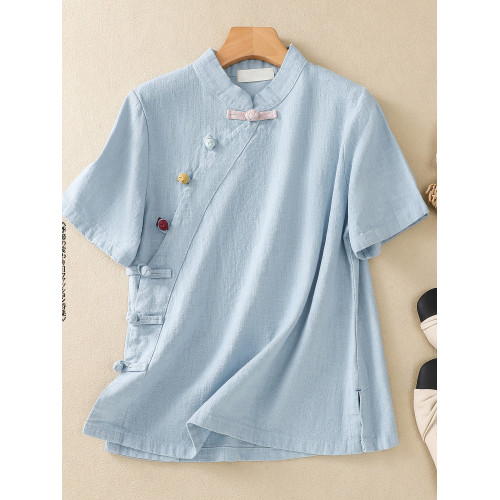 商場專櫃撤櫃女裝棉麻斜襟盤釦短袖改良旗袍上衣亞麻國風立領襯衫