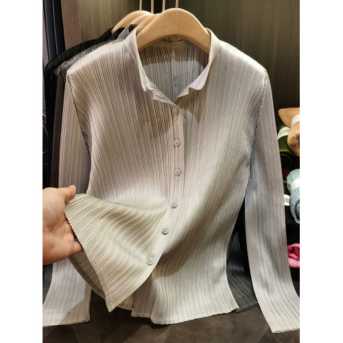 高級感修身褶皺純色襯衫女春秋新款百搭垂墜感長袖抗皺襯衣