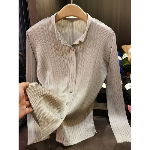 高級感修身褶皺純色襯衫女春秋新款百搭垂墜感長袖抗皺襯衣