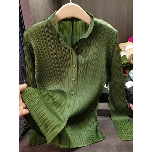 高級感修身褶皺純色襯衫女春秋新款百搭垂墜感長袖抗皺襯衣