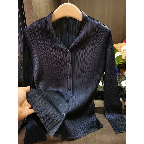 高級感修身褶皺純色襯衫女春秋新款百搭垂墜感長袖抗皺襯衣