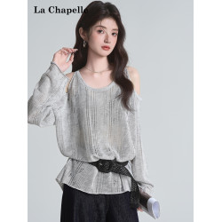 拉夏貝爾2025夏季新款百搭露肩長袖圓領外搭防曬顯瘦寬鬆針織衫