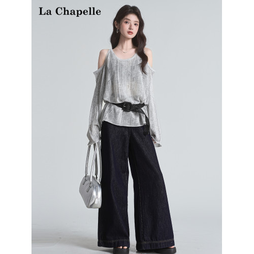 拉夏貝爾2025夏季新款百搭露肩長袖圓領外搭防曬顯瘦寬鬆針織衫