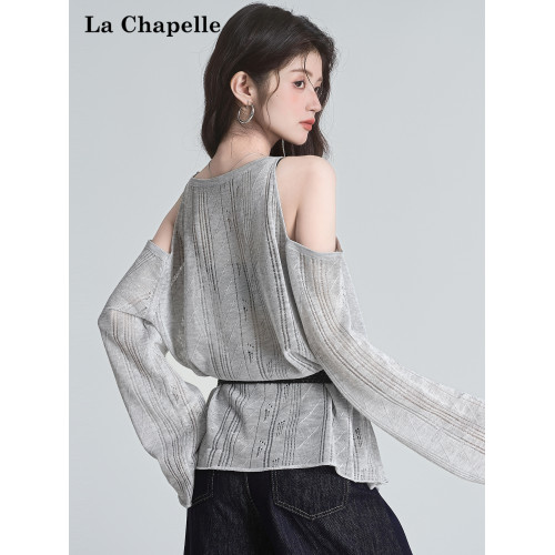 拉夏貝爾2025夏季新款百搭露肩長袖圓領外搭防曬顯瘦寬鬆針織衫