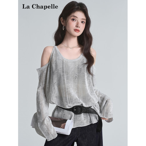 拉夏貝爾2025夏季新款百搭露肩長袖圓領外搭防曬顯瘦寬鬆針織衫