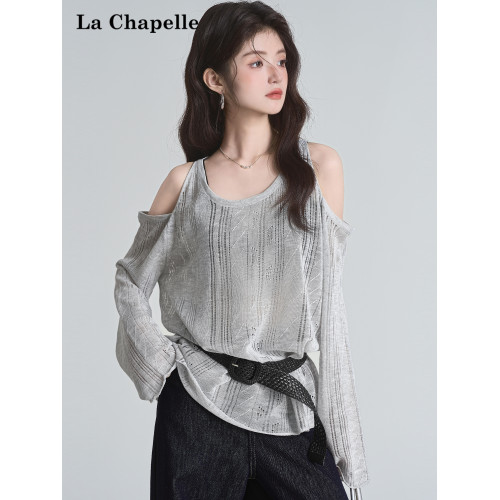 拉夏貝爾2025夏季新款百搭露肩長袖圓領外搭防曬顯瘦寬鬆針織衫