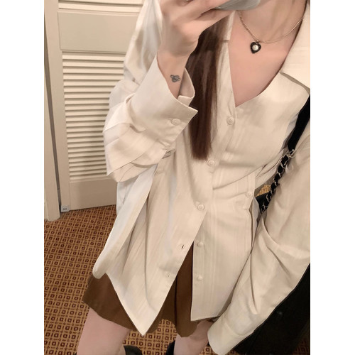 暗條紋收腰襯衫女裝新款早春夏防曬上衣曡穿內搭打底襯衣外套秋冬