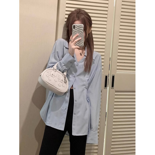 暗條紋收腰襯衫女裝新款早春夏防曬上衣曡穿內搭打底襯衣外套秋冬