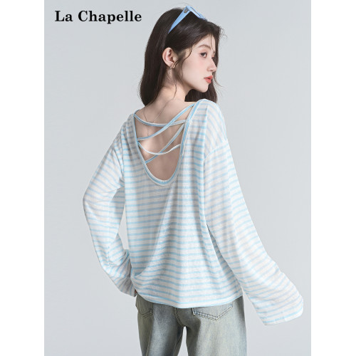 拉夏貝爾美式設計感防曬罩衫t恤女夏寬鬆慵懶休閒長袖條紋上衣