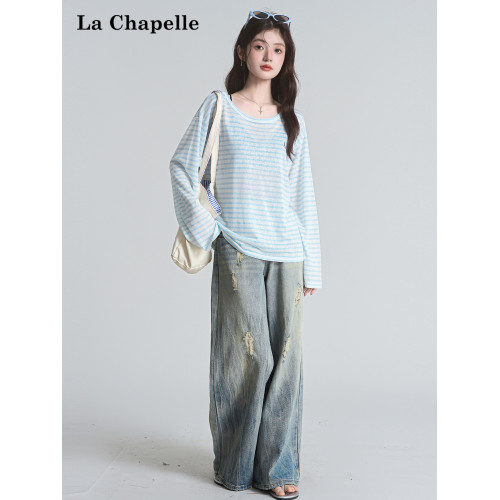 拉夏貝爾美式設計感防曬罩衫t恤女夏寬鬆慵懶休閒長袖條紋上衣