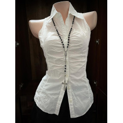 微風 原創復古vintage氣質高級感白色無袖襯衫收腰顯瘦褶皺上衣女