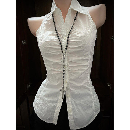 微風 原創復古vintage氣質高級感白色無袖襯衫收腰顯瘦褶皺上衣女