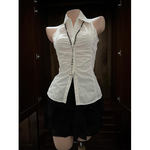 微風 原創復古vintage氣質高級感白色無袖襯衫收腰顯瘦褶皺上衣女