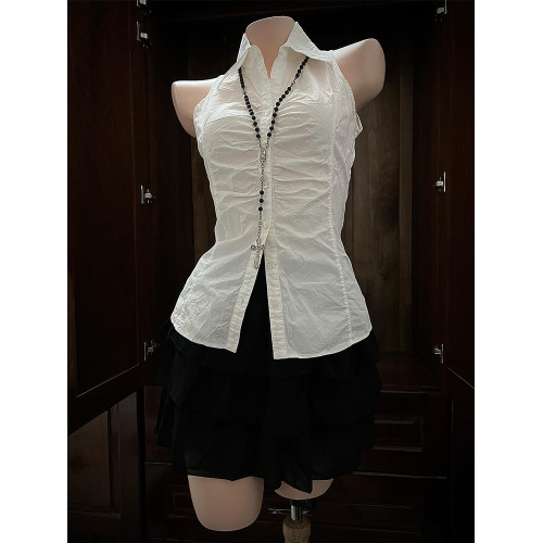 微風 原創復古vintage氣質高級感白色無袖襯衫收腰顯瘦褶皺上衣女