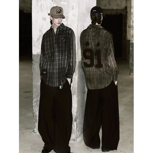 Badblood美式復古格子襯衫女做舊91貼布綉繙領格紋襯衣寬鬆情侶款