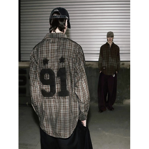 Badblood美式復古格子襯衫女做舊91貼布綉繙領格紋襯衣寬鬆情侶款