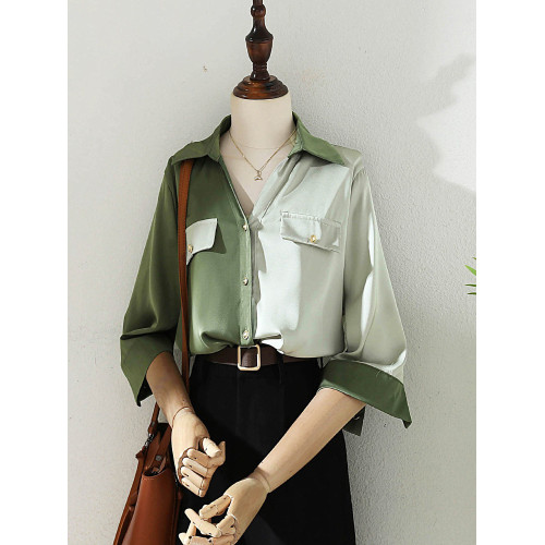 2025夏季女裝撞色緞面高級感雙口袋襯衫女氣質七分袖V領別致上衣