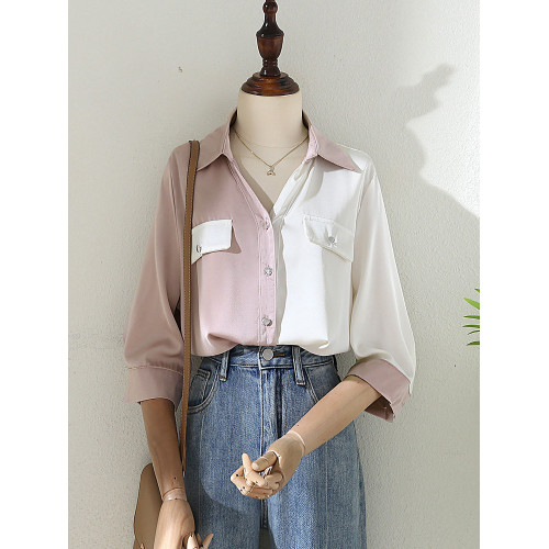 2025夏季女裝撞色緞面高級感雙口袋襯衫女氣質七分袖V領別致上衣