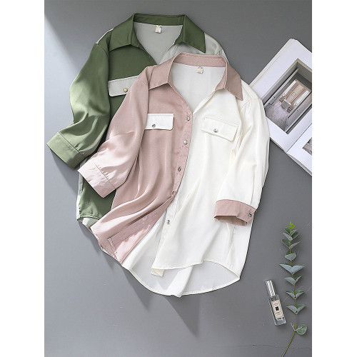 2025夏季女裝撞色緞面高級感雙口袋襯衫女氣質七分袖V領別致上衣