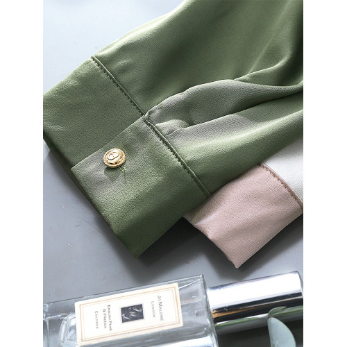 2025夏季女裝撞色緞面高級感雙口袋襯衫女氣質七分袖V領別致上衣