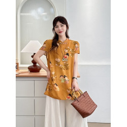 2025夏季新款大碼女裝新中式國風印花時尚襯衫寬鬆氣質旗袍上衣