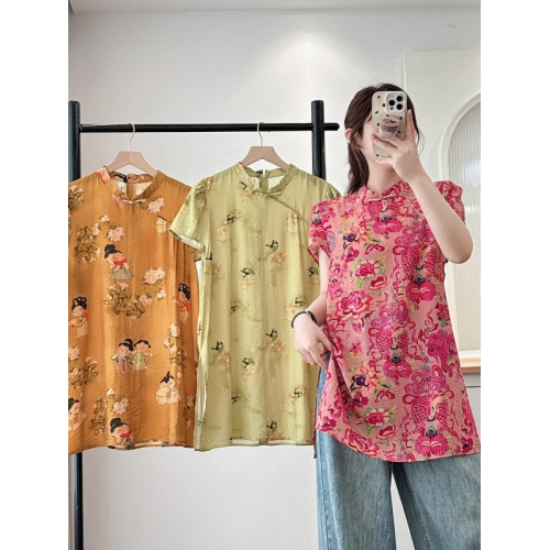 2025夏季新款大碼女裝新中式國風印花時尚襯衫寬鬆氣質旗袍上衣