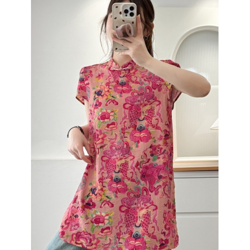 2025夏季新款大碼女裝新中式國風印花時尚襯衫寬鬆氣質旗袍上衣