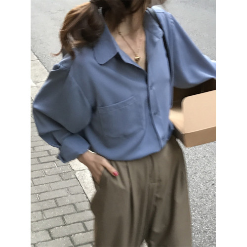 春秋韓版垂感休閒雪紡襯衫女復古港味高級感簡約曡穿長袖打底襯衣