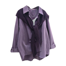 紫色磨毛全棉襯衫女外套加披肩兩件套秋季新款設計感別致洋氣襯衣