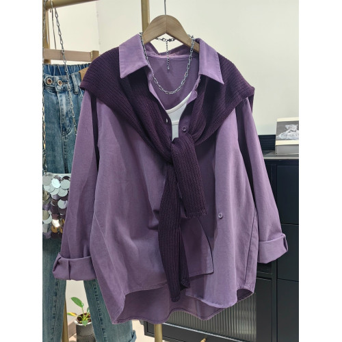 紫色磨毛全棉襯衫女外套加披肩兩件套秋季新款設計感別致洋氣襯衣