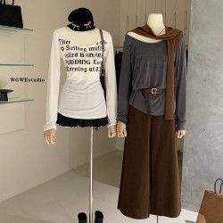 認真賣 秋冬低圓領字母印花長袖T恤內搭慵懶風顯瘦打底衫上衣女