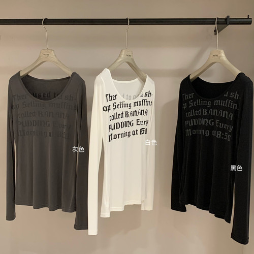 認真賣 秋冬低圓領字母印花長袖T恤內搭慵懶風顯瘦打底衫上衣女