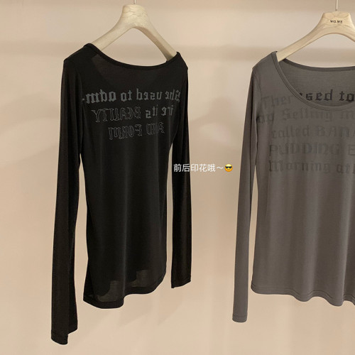 認真賣 秋冬低圓領字母印花長袖T恤內搭慵懶風顯瘦打底衫上衣女