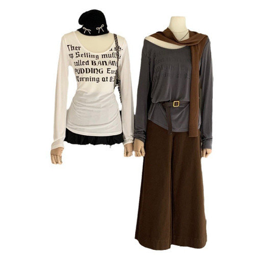 認真賣 秋冬低圓領字母印花長袖T恤內搭慵懶風顯瘦打底衫上衣女