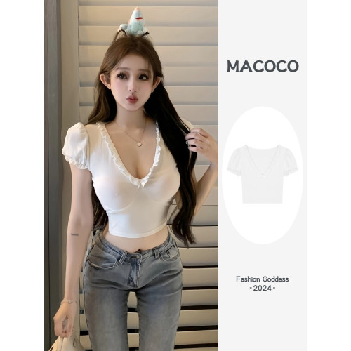 設計感木耳邊V領修身顯瘦白色泡泡袖甜辣T恤上衣