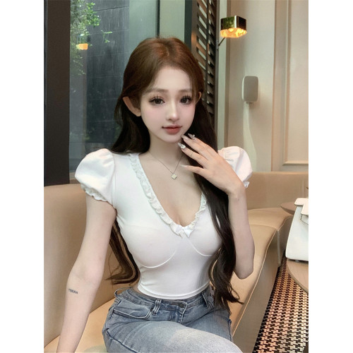 設計感木耳邊V領修身顯瘦白色泡泡袖甜辣T恤上衣