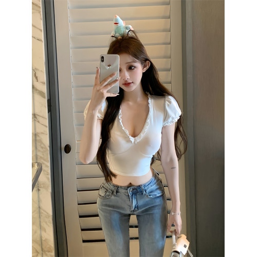 設計感木耳邊V領修身顯瘦白色泡泡袖甜辣T恤上衣