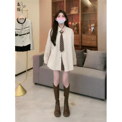 復古polo領條紋襯衫女秋冬季大碼胖mm韓版學院風寬鬆顯瘦長袖襯衣