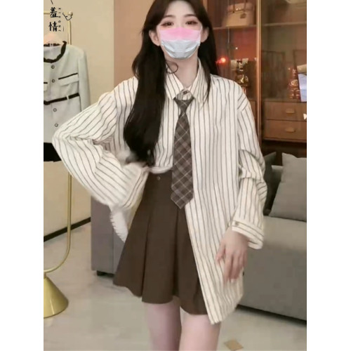 復古polo領條紋襯衫女秋冬季大碼胖mm韓版學院風寬鬆顯瘦長袖襯衣