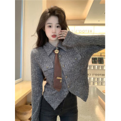 學院風坑條針織修身襯衫早秋chic韓系穿搭甜辣上衣設計感小衆女款