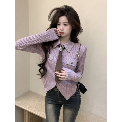 學院風坑條針織修身襯衫早秋chic韓系穿搭甜辣上衣設計感小衆女款