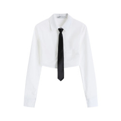 辣妹短款露臍收腰白色jk襯衣秋設計感小衆長袖修身緊身襯衫上衣女